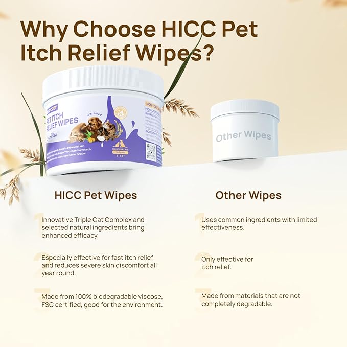 HICC PET Itch Relief Wipes for Dogs &amp; Cats, Rapidly Relieves Itching, Soothes Hot Spots and Skin Irritations Hypoallergenic Hot Spot Treatment Wipes, Skin Soother for Dogs - 200 Count