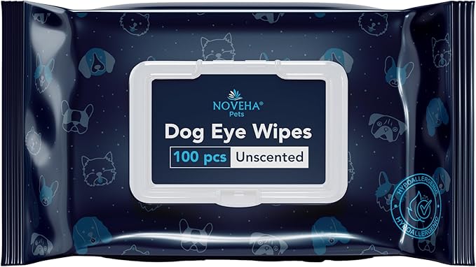 NOVEHA Dog Eye Wipes - Tear Stain Remover for Dogs - Formulated to Remove Eye Debris, Tear Stains &amp; Eye Discharge - Plant Based, Safe, Convenient, and Large Unscented Wipes (100 Count x 1 Package)