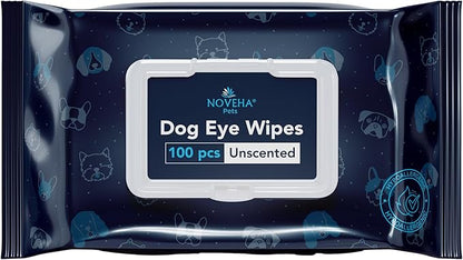 NOVEHA Dog Eye Wipes - Tear Stain Remover for Dogs - Formulated to Remove Eye Debris, Tear Stains &amp; Eye Discharge - Plant Based, Safe, Convenient, and Large Unscented Wipes (100 Count x 1 Package)