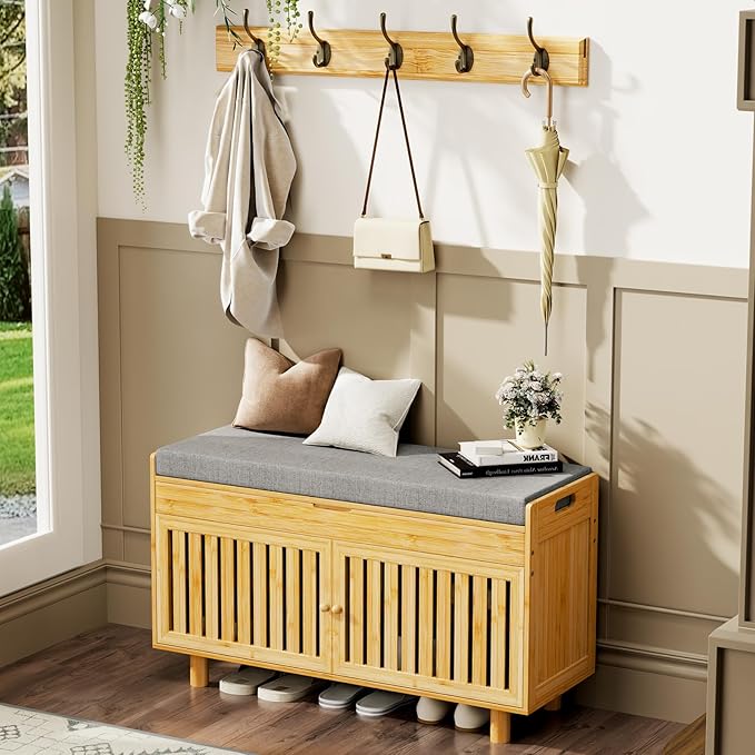 Coat Rack Shoe Bench Set, Bamboo Shoe Storage Bench with Seat Cushion &amp; 5 Hooks, Hall Tree Entryway Bench with Lift Top Hidden Storage, 35.4" W x 12.6" D x 19.7" H, for Entryway, Living Room, Bedroom
