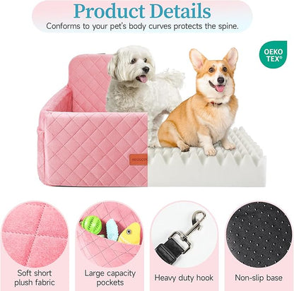 Dog Car Seat for Medium/Large Dogs, Pet Booster Seat for Under 55 lbs or 2 Small Dogs, Detachable &amp; Washable Dog Car Bed for Backseat with 2 Safety Leashes (Pink)