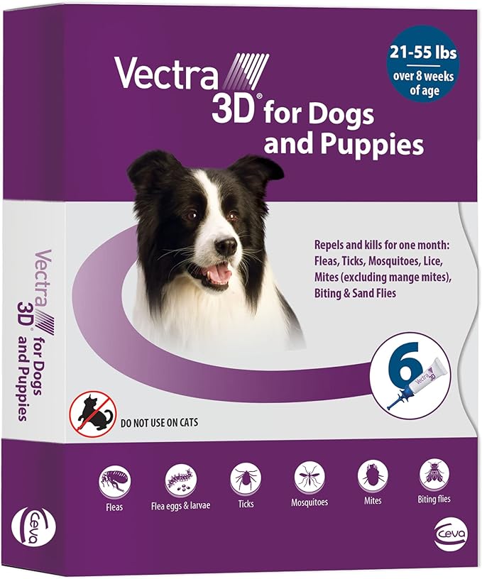 Vectra 3D for Dogs Flea, Tick &amp; Mosquito Treatment &amp; Prevention for Medium Dogs (21 – 55 lbs) , 6 month supply