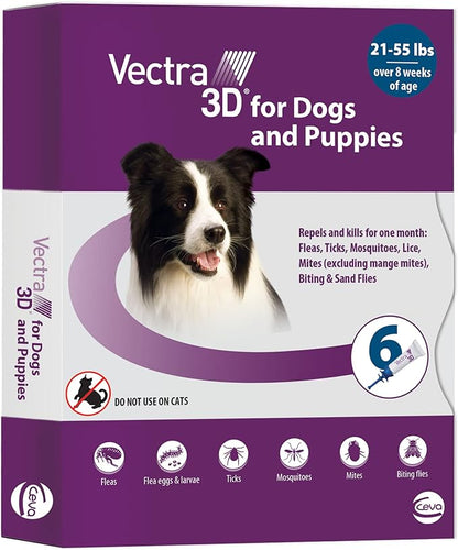 Vectra 3D for Dogs Flea, Tick &amp; Mosquito Treatment &amp; Prevention for Medium Dogs (21 – 55 lbs) , 6 month supply
