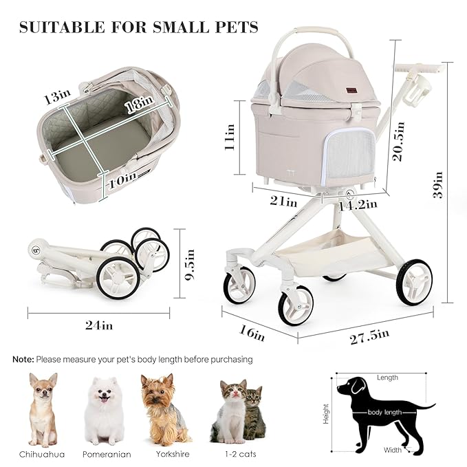 TT Lightweight Pet Stroller for Small Dogs &amp; Cats - 4-Way Installation Carrier, One-Hand Fold, 180° Canopy Cover &amp; Adjustable Handle (Beige)