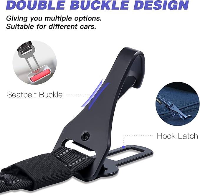 AUBELL Dog Seat Belt for Car,2 Pack Set 3-in-1 Adjustable Reflective Bungee Heavy Duty Dog Car Harness Tether with Clip Hook Latch &amp; Buckle,Swivel Zinc Alloy Carabiner,Black+Black
