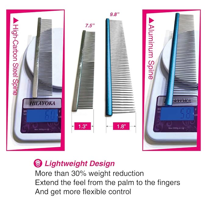 Greyhound Oval Grooming Comb – Aluminum handle, Stainless Steel Teeth Comb for Long-Haired Dogs &amp; Cats, Removes Mats, Tangles, and Loose Fur – Lightweight for Deshedding (Silver/Blue, 9.8")