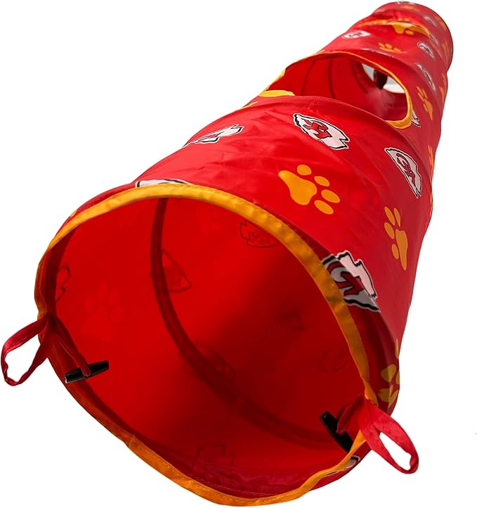NFL Kansas City Chiefs Cat Tunnel Tube Toy with Plush Football Catnip and Feathers Collapsible Tunnel for Cats to Play, Peek and Hide, Sporty &amp; Fun Cat Tunnel Toy with Team Logo All-Over Design!