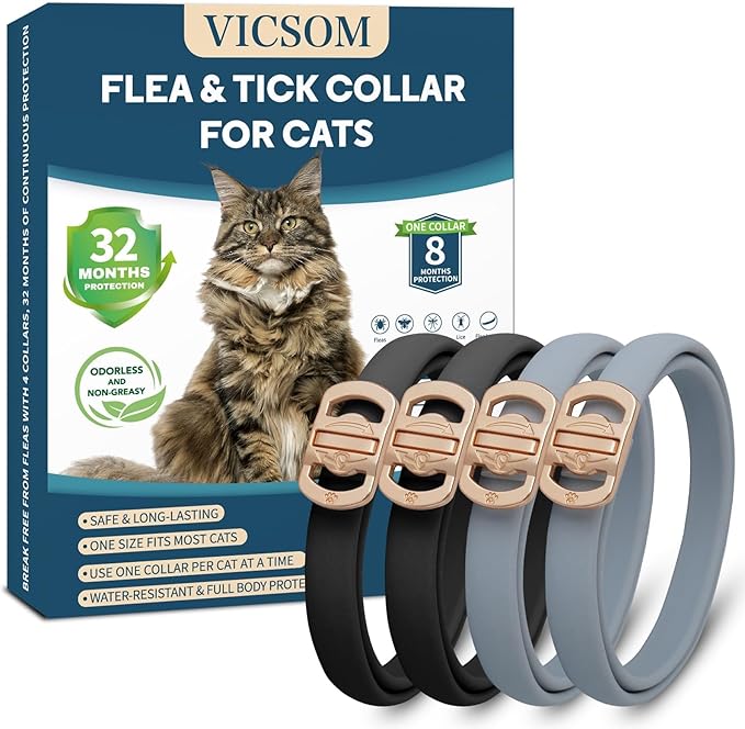Flea and Tick Collar for Cats - 4 Pack, 32 Month Protection Treatment, Waterproof, Natural Prevention, Adjustable for Cats &amp; Kittens (Black Grey)