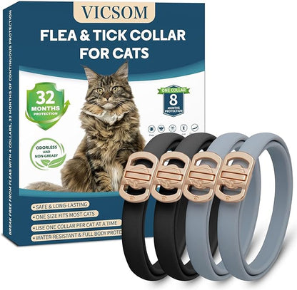Flea and Tick Collar for Cats - 4 Pack, 32 Month Protection Treatment, Waterproof, Natural Prevention, Adjustable for Cats &amp; Kittens (Black Grey)