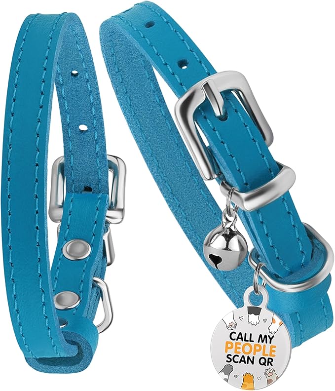 BRONZEDOG Leather Cat Collar with Removable Bells Non Breakaway Kitten QR Tag for Girl Boy (9" - 12" Cats/Mini Dogs, Blue &amp; Silver)