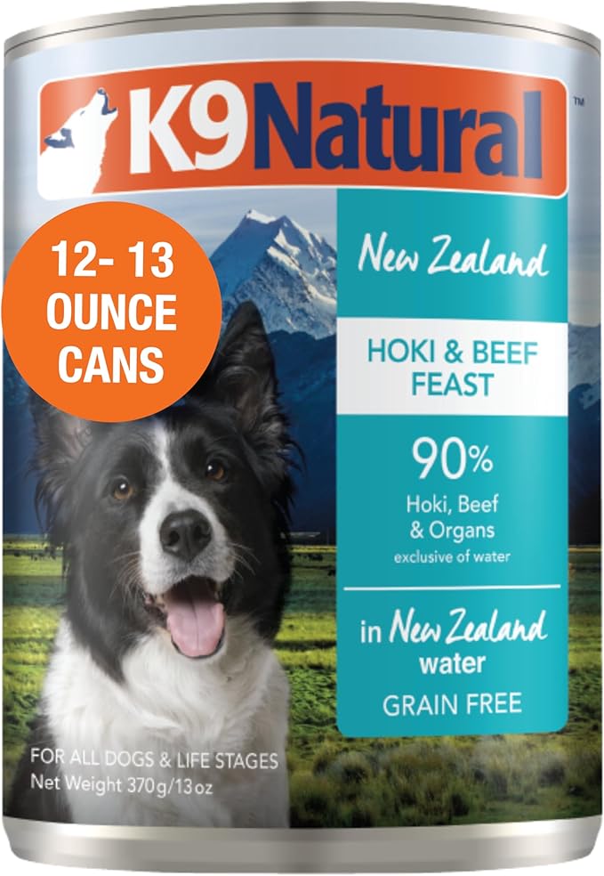 K9 Natural Wet Dog Food Pate, Hoki &amp; Beef Feast, 13 Oz Cans (Pack of 12), Grain Free, Made in New Zealand with Sustainably Caught Hoki Fish and Grass-Fed and Finished Beef