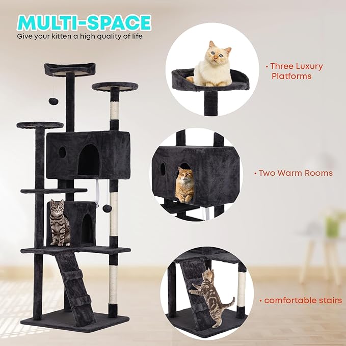 FDW Cat Tree 70in Cat Tower Multi-Level Durable Cat Scratching Post &amp; Cozy Fun Cat Jumping Platform Space Saving Cat Condo Pet Play House for Indoor Cats,Dark Gray
