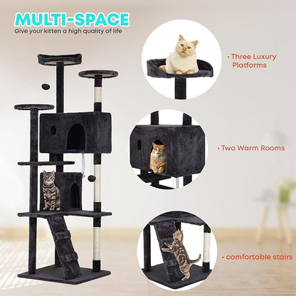 FDW Cat Tree 70in Cat Tower Multi-Level Durable Cat Scratching Post &amp; Cozy Fun Cat Jumping Platform Space Saving Cat Condo Pet Play House for Indoor Cats,Dark Gray