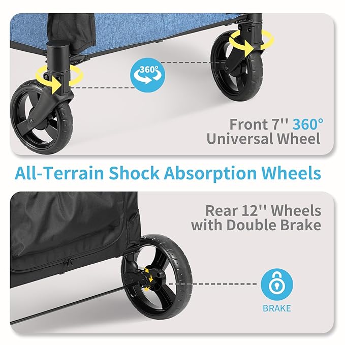 EchoSmile Heavy-Duty Large Dog Stroller with Shock-Absorbing Wheels, Foldable Pet Travel Carrier for Medium &amp; Large Dogs, 5 Mesh Windows, 160 lbs Capacity, Easy Assembly &amp; Storage