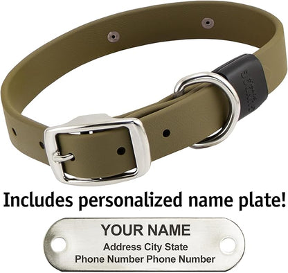Biothane Custom Dog Collar – Waterproof, Stink-Proof Personalized Collar with Name &amp; Phone Number – Durable, Many Sizes and Colors – Assembled in USA (Olive Green)