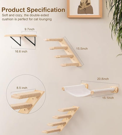 Cat Wall Shelves with 1 Floating Fabric Hammock, 2 Ladders with 4 Steps Each &amp; 1 Flat Cat Shelf, Wall Mounted Bed Furniture &amp; Climber, Indoor Playground