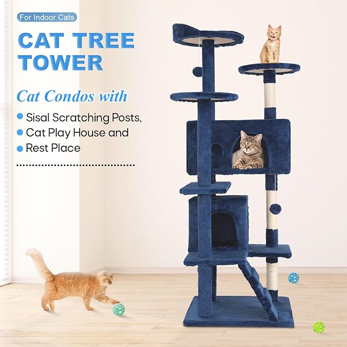 FDW Cat Tree 54in Cat Tower Multi-Level Durable Cat Scratching Post &amp; Cozy Fun Cat Jumping Platform Space Saving Cat Condo Pet Play House for Indoor Cats,Navy Blue