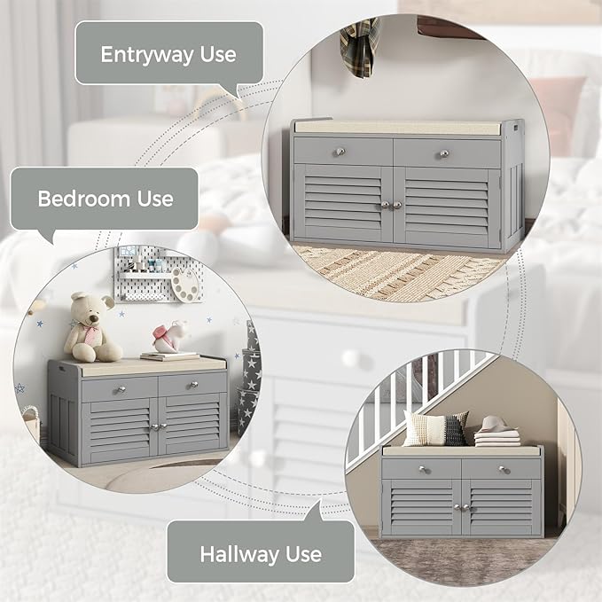 Shoe Storage Bench with 2 Drawers &amp; 2 Doors, Entryway Bench with Cushion, 2 Adjustable Shelves, Shoe Cabinet for Entryway, Living Room, Hallway, Mudroom, Bedroom, Grey