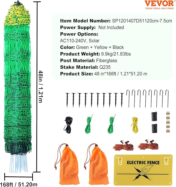VEVOR Electric Poultry Netting, 48" H x 168&