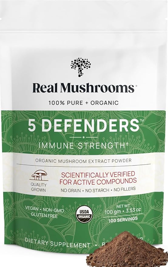 Real Mushrooms 5 Defenders Mushroom Complex Powder – Organic Mushrooms Extract from Chaga, Reishi, Turkey Tail, Maitake &amp; Shiitake Mushroom Blend for Wellness Support with Beta Glucans - 100 Servings