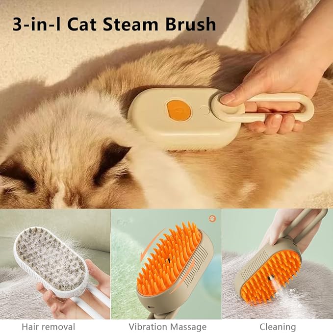 3 in 1 Cat Steam Brush, Pet Steam Cats Brushes Rechargeable Anti-Static Grooming Brushe, Vibration Massage Cleaning Shedding &amp; Combing Multifunctional Hair Removal Comb for Cats Dog (Khaki)