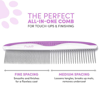 Poodle Pet Dog Combs for Grooming | 2 Pack | Stainless Steel Teeth Easily Remove Dirt | Proper Care Prevents Knots and Mats for Long and Short Haired Pets | Anti-Slip Comfort Grip Handle (Purple)