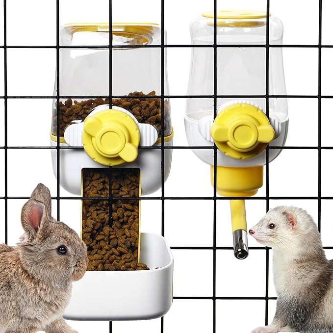 kathson Automatic Rabbit Feeder and Waterer Set, Gravity Pet Food Water Dispenser Bunny Pellet Feeder Small Animal Feeding &amp; Watering Supplies for Guinea Pig Ferret Crate Accessories (Yellow)