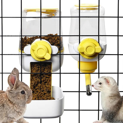 kathson Automatic Rabbit Feeder and Waterer Set, Gravity Pet Food Water Dispenser Bunny Pellet Feeder Small Animal Feeding &amp; Watering Supplies for Guinea Pig Ferret Crate Accessories (Yellow)