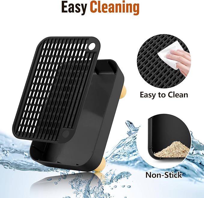 Cat Litter Box Step Ramp, Cat Litter Catcher Mat with Wooden Feet, Filter Function, Cat Pedal Stool for Self-Cleaning Cat Litter Box, Ideal for Kitten &amp; Elderly Cats (Black)