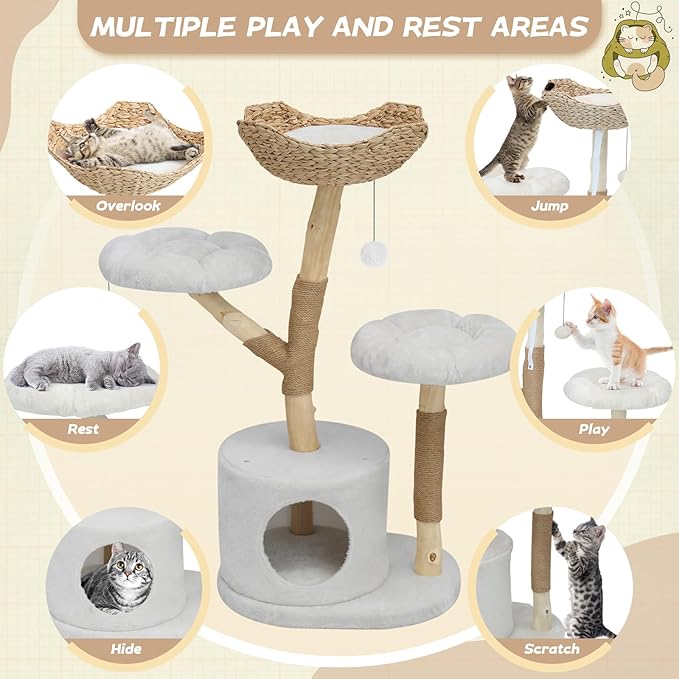 Modern Cat Tree Tower, Solid Wood Multi-Level w/ 2 Flower Perches, Scratching Post, Hanging Ball - Luxury Boho Cat Furniture w/Condo &amp; Wicker Basket for Indoor Cats