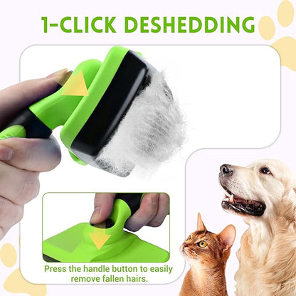 Large Self Cleaning Deshedding Brush for Dogs &amp; Cats - One Button Hair Release Grooming Tool, Gentle Massage Brush for Long and Short Hair (Green)