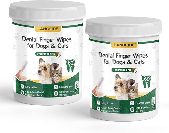 LANBEIDE Teeth Cleaning Wipes for Dogs &amp; Cats 120 Counts, Pet Dental Care Finger Wipes for Reducing Plaque &amp; Tartar, Breath Freshener Dental and Gum Care Finger Pet Wipes, No Hard Toothbrush