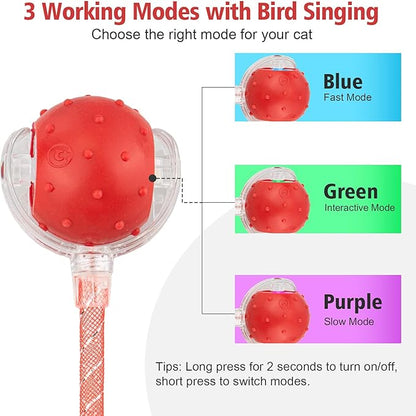 Interactive Cat Toys Ball for Indoor Cats, Automatic Agile Rolling Cat Ball with Elastic Mesh Tail, Bird Chirping &amp; Motion Activated, 2 Tail Accessories, Kitten Toy for Bored (Red)