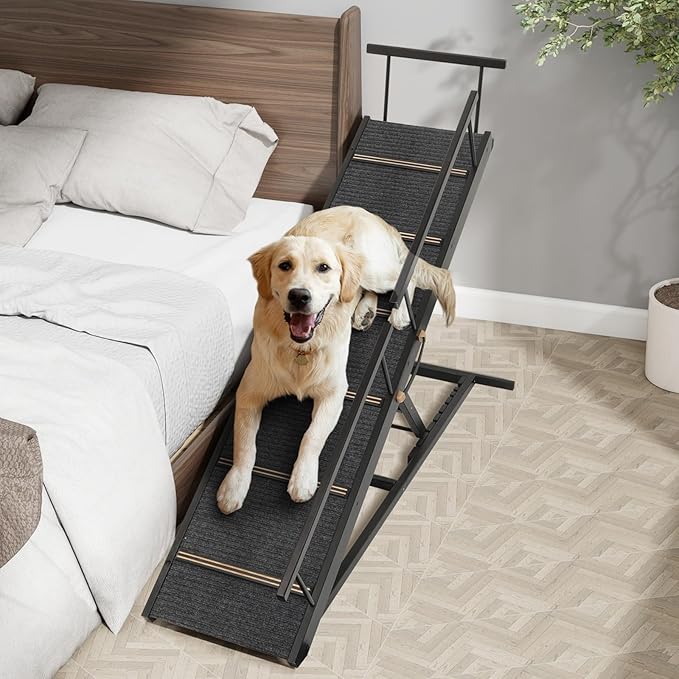 Pet Ramp Folding Portable Wooden Dog &amp; Cat Ramps for Couch or Bed, Including Non Slip Mat &amp; Safety Side Rails, 64.2 Inch Long and Height Adjustable from 13.4 Inch to 38 Inch Up to 110 Lbs