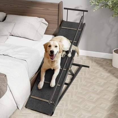 Pet Ramp Folding Portable Wooden Dog &amp; Cat Ramps for Couch or Bed, Including Non Slip Mat &amp; Safety Side Rails, 64.2 Inch Long and Height Adjustable from 13.4 Inch to 38 Inch Up to 110 Lbs