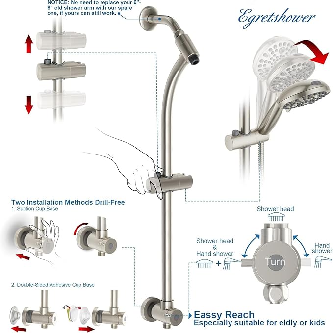 High Pressure Handheld/Rain 82-mode 3-way Shower Head Combo with 25.75" Adjustable Drill-free Stainless Steel Slide Bar, Pet &amp; Tub Power Wash and Anti-clog Nozzles, with 5ft Hose - Brush Nickel