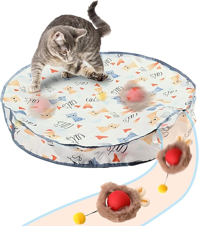 Rocfish Interactive Cat Toys Ball - Automatic Fast Rolling Ball in Play Mat, Hide and Seek Mouse Catching Game, Low-Noise Cat Enrichment Toys in Pouch for Indoor Bored Cats (Red Toy &amp; Round Mat)
