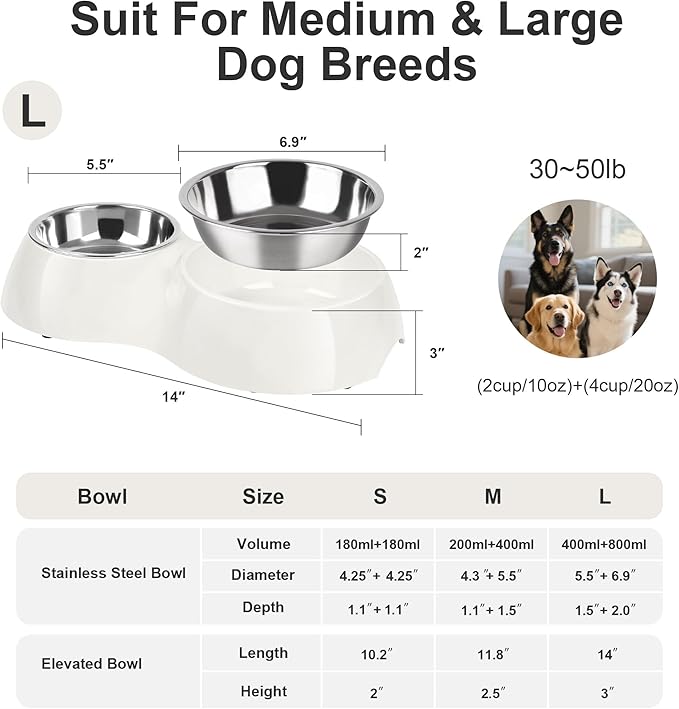 Elevated Dog Bowls Set - Non-Slip Raised Pet Feeder with Medium (10 oz) &amp; Large (20 oz) Stainless Steel Bowls - Includes Durable Resin Stand for Puppies, Adult Dogs &amp; Cats - White
