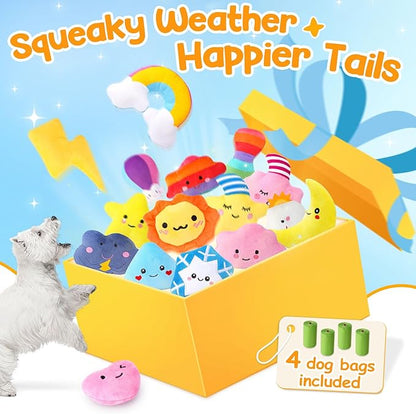 Irresistible Weather-Themed 20-Pack Squeaky Dog Toys Set for Small Dogs &amp; Puppies, Included 16 Plush Toys with Vibrant Characters to Keep Them Busy &amp; 4 Dog Bags