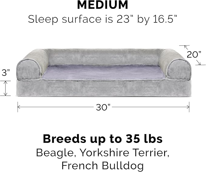 Furhaven Cooling Gel Dog Bed for Medium/Small Dogs w/ Removable Bolsters &amp; Washable Cover, For Dogs Up to 35 lbs - Faux Fur &amp; Velvet Sofa - Smoke Gray, Medium