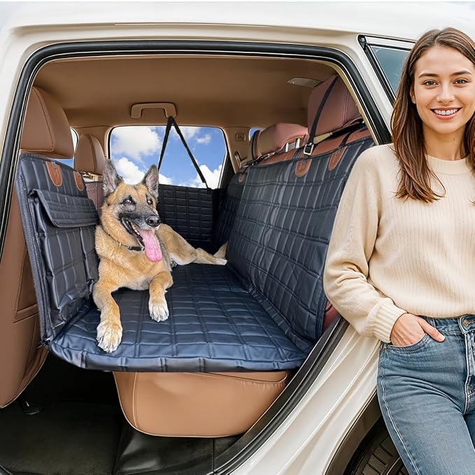 APetsPlanet Dog Car Seat Cover for Back Seat Hard Bottom - Waterproof Backseat Extender for Dogs - Pet Hammock Bed for Car, Truck, SUV with Mesh Window &amp; Storage - Black Leather, with Door Covers
