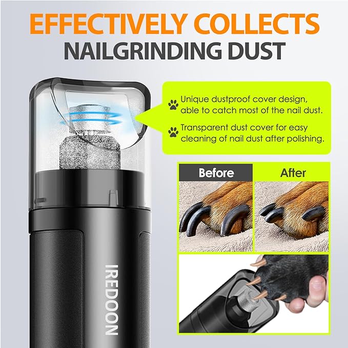 Dog Nail Grinder Upgraded - Professional 3-Speed Super Quiet and Low Vibration Electric Pet Nail Grinder with 4 LED Lights - Painless Paws Grooming &amp; Smoothing for Small to Large Dogs (Black)