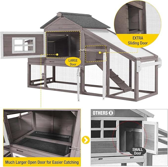 Aivituvin Chicken Coop Outdoor with Wheels, Mobile Hen House Wooden Poultry Cage with Run &amp; Waterproof Roof (Grey with White)