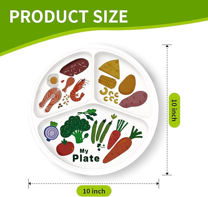 10" 3-Grid Cute Cartoon Portion Control Plate - Melamine, Healthy Nutrition for Weight Loss &amp; Diabetes Management, Ideal for Adults &amp; Teens Kids (4 Pack)