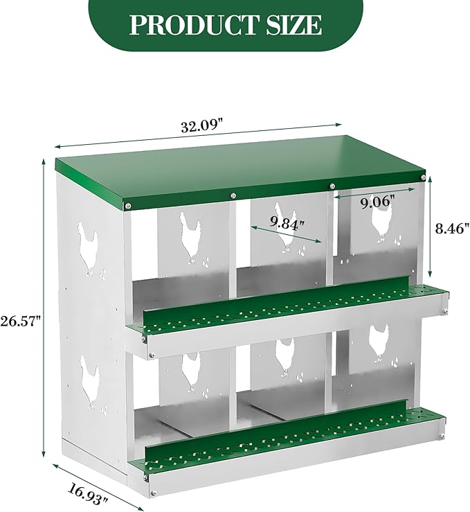 6 Hole Chicken Nesting Box with Roll Out Egg Tray, Rustproof &amp; Ventilated Chicken Laying Boxes for Hens, Chickens, Ducks | Easy-Clean Poultry Coop Accessories