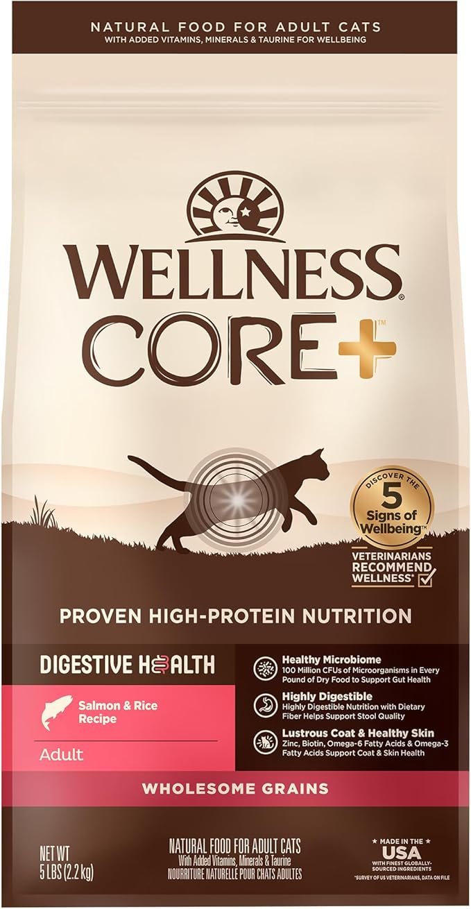 Wellness CORE+ Adult Dry Cat Food for Indoor and Outdoor Cats, Wholesome Grains, Natural, Digestive Health Salmon &amp; Rice (5 Pound Bag)