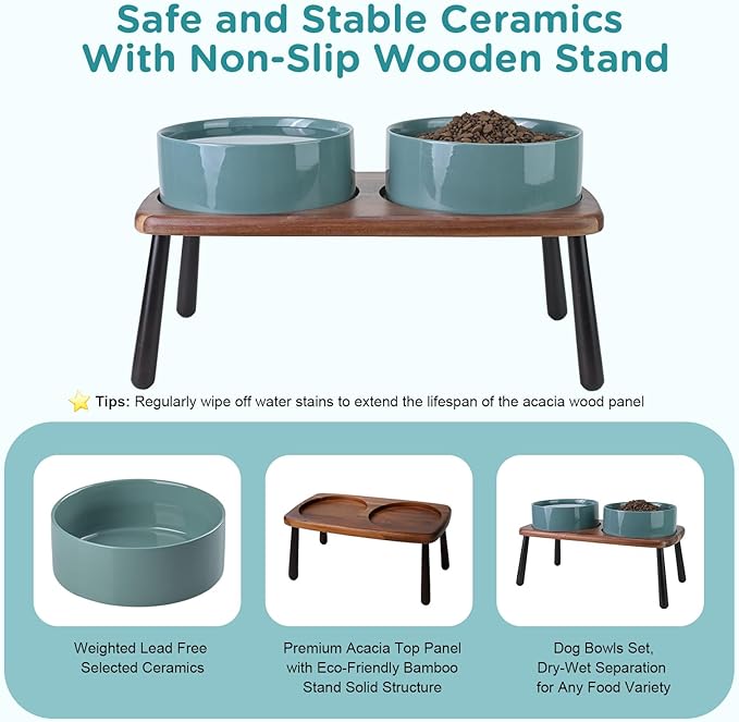 SPUNKYJUNKY Ceramic Elevated Dog Bowls Raised with Acacia Bamboo Wooden Stand, 8.3&