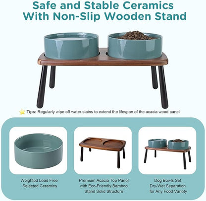 SPUNKYJUNKY Ceramic Elevated Dog Bowls Raised with Acacia Bamboo Wooden Stand, 8.3&