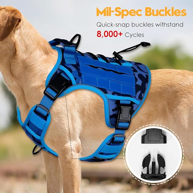 Heavy-Duty Tactical Dog Harness for Large Dogs, No Pull Adjustable Reflective Pet Vest with Molle System, K9 Military-Grade Control for Service Training, Outdoor &amp; 10+ Breeds, Blue Camo, XX-Large
