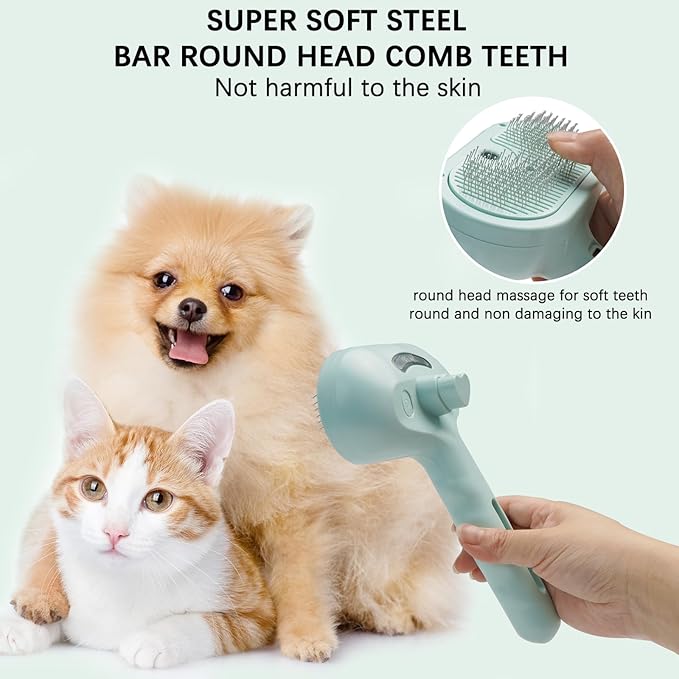 Pet Steam Brush for Cat &amp; Dog – 4-in-1 De-Shedding, Steam Spray, and Self-Cleaning Grooming Tool – Ideal for Long and Short-Haired Pets– Includes 2 Bottles of 120 mL Waterless Shampoo(Green)